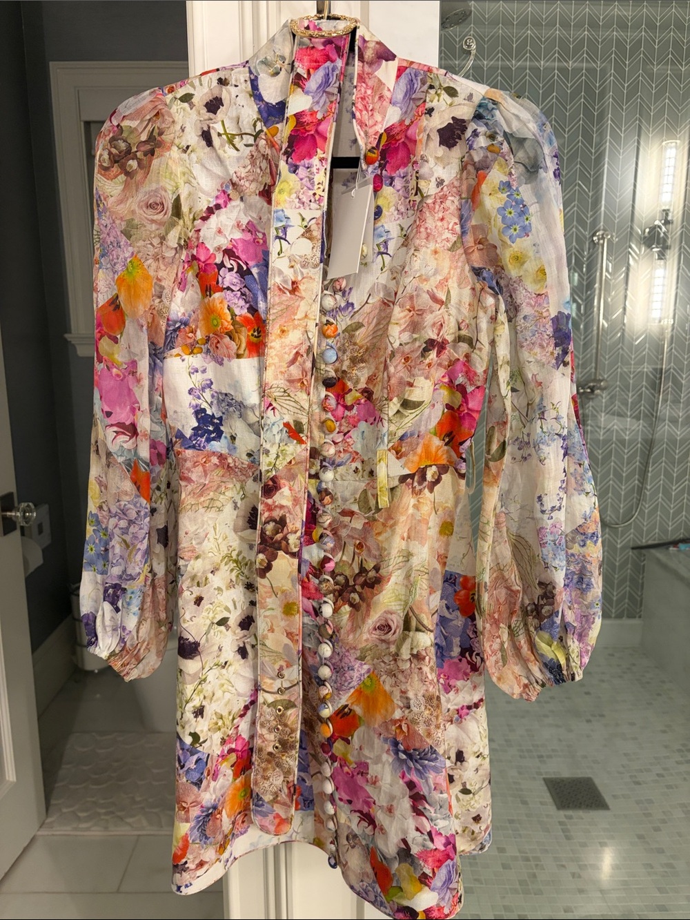 Zimmerman Floral Button-Front Long Sleeve Linen Dress - Multicolor